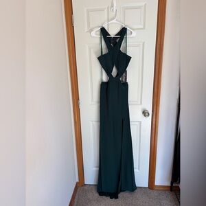 LA FEMME Hunter Green Crisscross Open Back Gown
